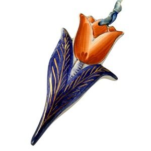 Delft Holland Ceramic Tulip Ornament Blue Orange Gold Hand Painted Porcelain